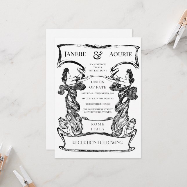 Invitation Cadre de forme féminine Art Nouveau Déco (Devant/Arrière en situation)