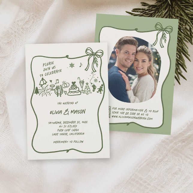 Invitation Cadre de gribouillis dessiné à la main Arc Sage Hi (HAND DRAWN winter wedding squiggle frame bow doodle illustration sage green qr code)