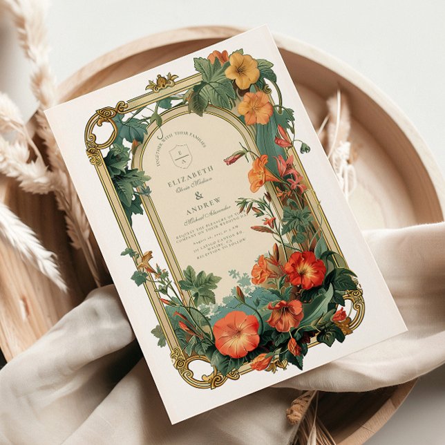 Invitation Cadre de Jardin Doré Fleurs Mariage (Créateur téléchargé)