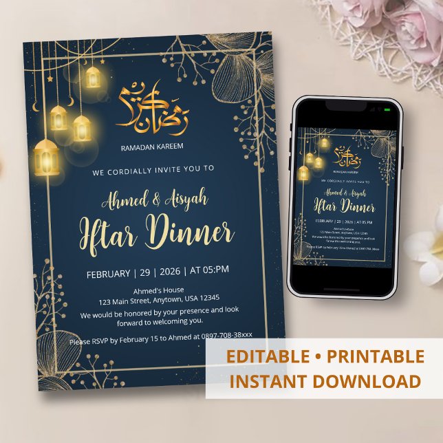 Invitation Cadre de luxe bleu marine et doré pour Iftar  (Créateur téléchargé)