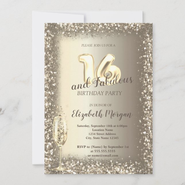 Invitation Cadre de luxe Champagne Verre Or Confetti 16e (Devant)