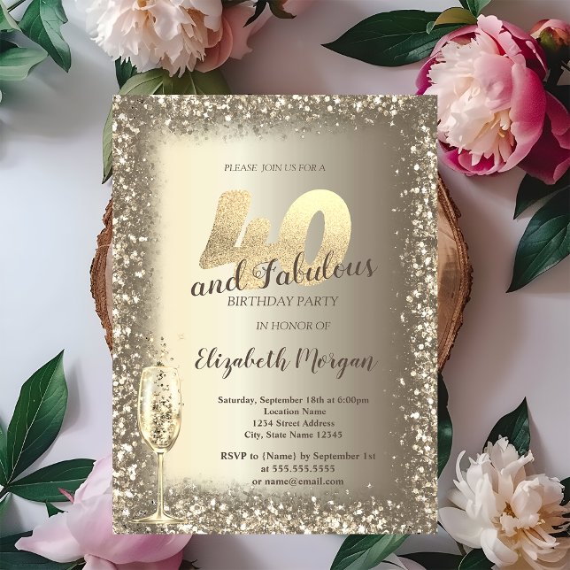 Invitation Cadre de luxe Champagne Verre Or Confetti 40e (Créateur téléchargé)