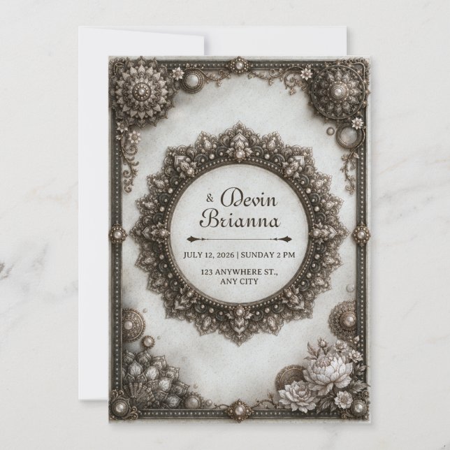 Invitation Cadre de mandala orné d'argent antique pour mariag (Devant)