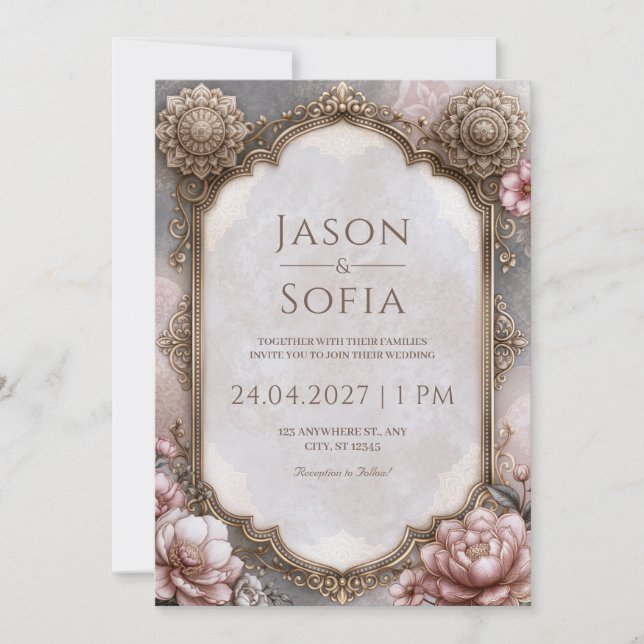 Invitation Cadre de mariage à arche de mandala rose (Devant)