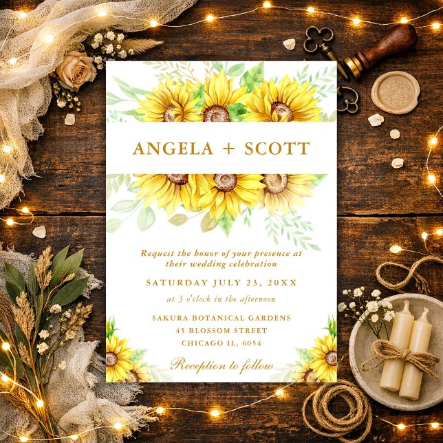 Invitation Cadre de mariage à bordure de tournesols à l'aquar (Créateur téléchargé)