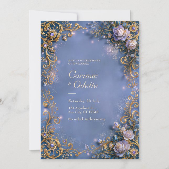 Invitation Cadre de mariage à filigrane doré et fleur de perv (Devant)