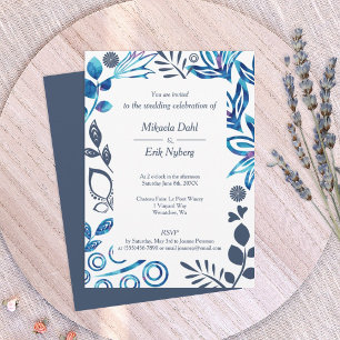 Invitation Cadre de mariage à motif floral bleu et gris-bleu