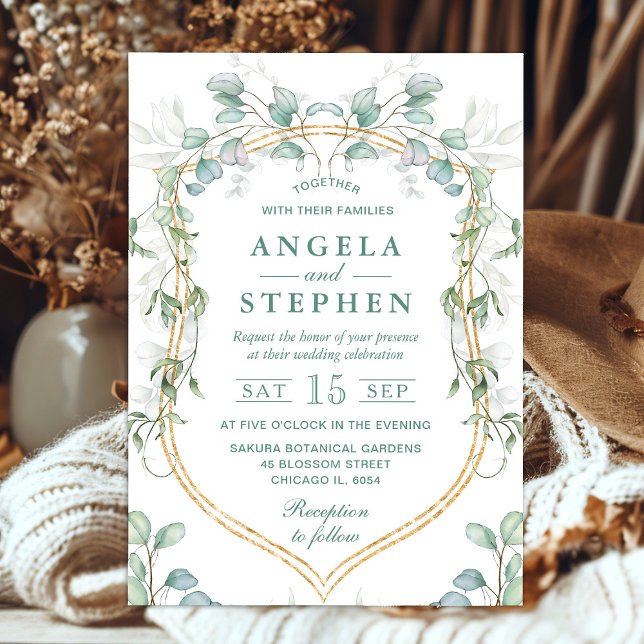 Invitation Cadre de mariage aquarelle eucalyptus et or (Créateur téléchargé)