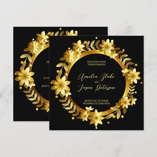 Invitation Cadre de mariage aux feuilles de laurier dorées lu (Devant / Derrière)