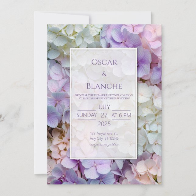 Invitation Cadre de mariage aux hydrangeas botaniques pastel  (Devant)