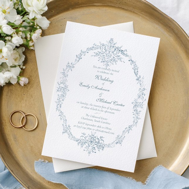 Invitation Cadre de mariage bleu français vintage (Créateur téléchargé)