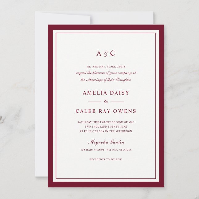 Invitation Cadre de mariage bordeaux élégant classique (Devant)