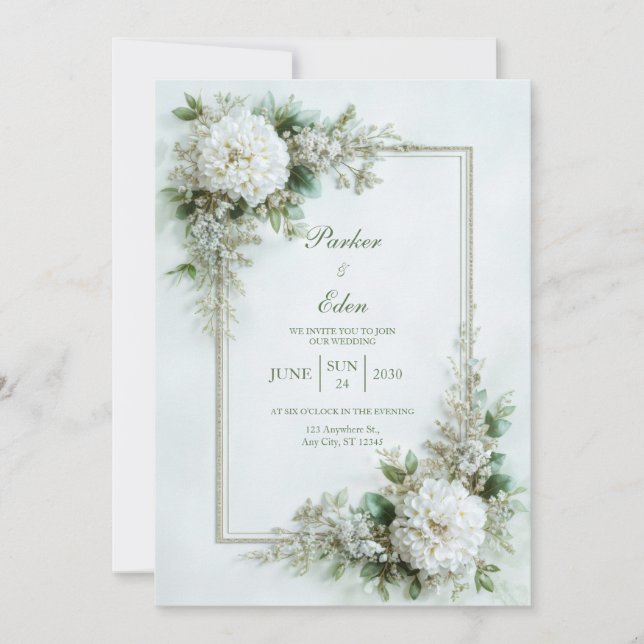 Invitation Cadre de mariage botanique avec dahlia blanc éléga (Devant)