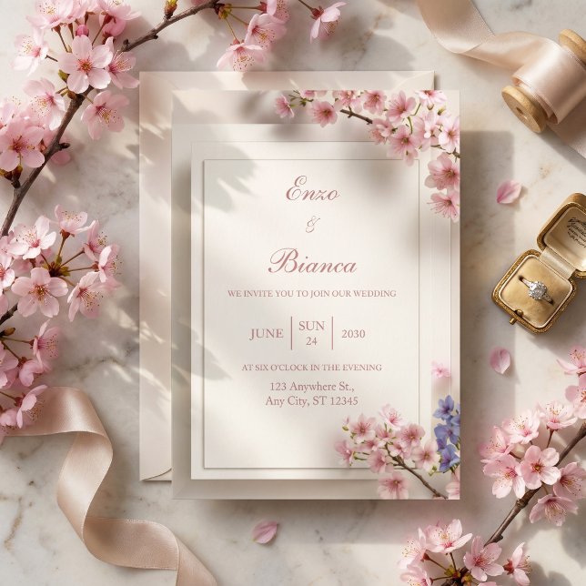 Invitation Cadre de mariage botanique Sakura rose à la crème  (Créateur téléchargé)