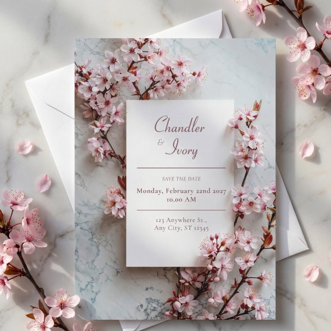 Invitation Cadre de mariage botanique Sakura rose en marbre g (Créateur téléchargé)