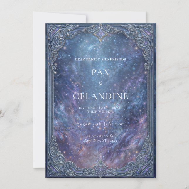 Invitation Cadre de mariage céleste galaxie argent orné (Devant)