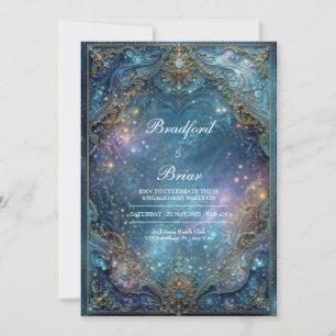 Invitation Cadre de mariage céleste galaxie sarcelle dorée or
