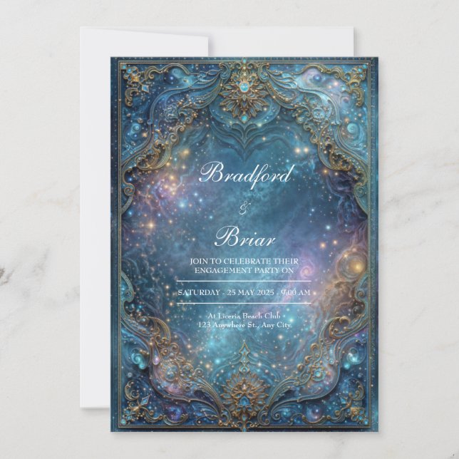 Invitation Cadre de mariage céleste galaxie sarcelle dorée or (Devant)