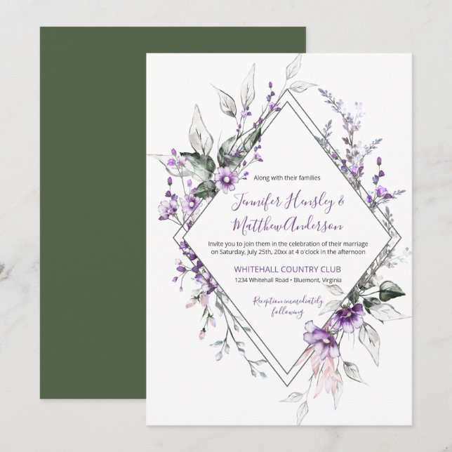Invitation Cadre de mariage diamant violet et rose | (Devant / Derrière)