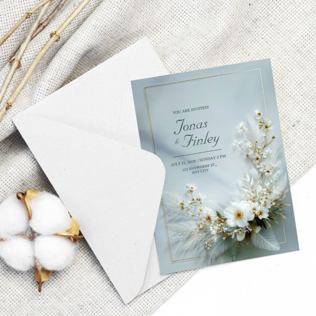 Invitation Cadre de mariage doré à fleurs blanches éthérées e (Créateur téléchargé)