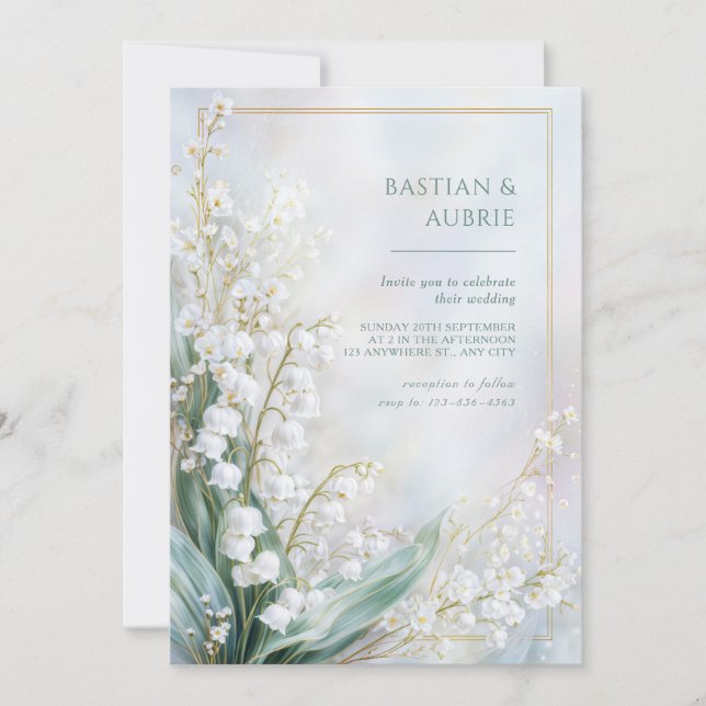 Invitation Cadre de mariage doré à la vallée de lys pastel ét (Devant)