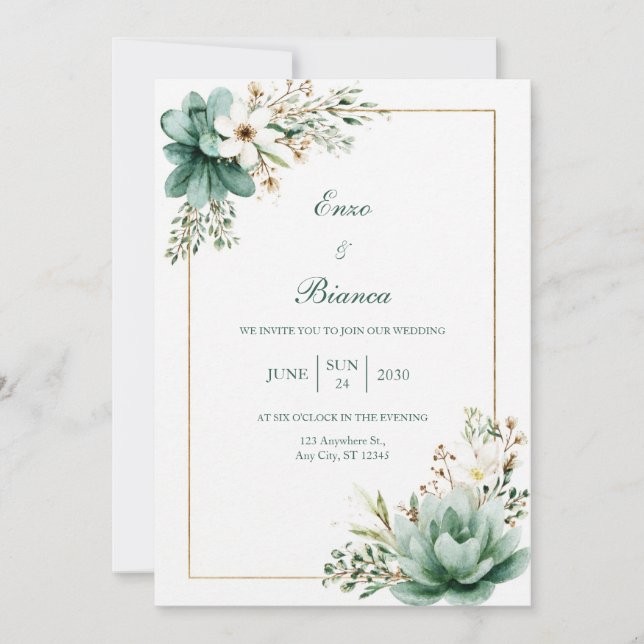 Invitation Cadre de mariage doré à succulente aquarelle sarce (Devant)