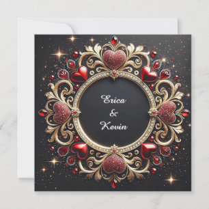 Invitation Cadre de mariage doré luxueux avec des cœurs rouge
