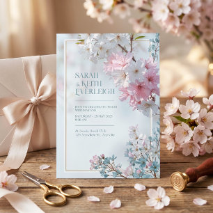 Invitation Cadre de mariage doré Sakura romantique brumeux bl