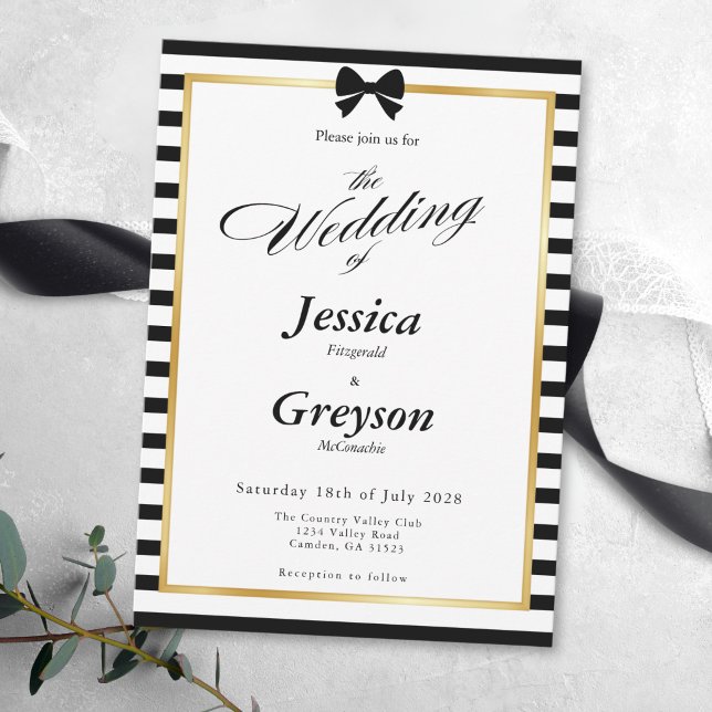 Invitation Cadre de mariage élégant noir blanc rayé or (Créateur téléchargé)