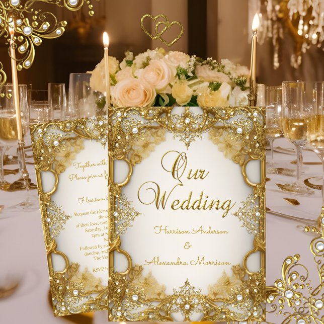 Invitation Cadre de mariage élite or blanc beige Crème Perles (Créateur téléchargé)