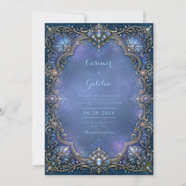 Invitation Cadre de mariage en filigrane orné de saphirs de m (Devant)
