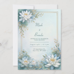 Invitation Cadre de mariage en or Nymphéa bleu brumeux