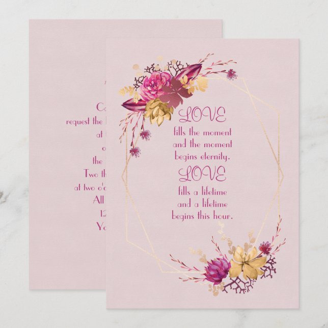 Invitation Cadre de mariage fleuri de couleur rose avec bordu (Devant / Derrière)