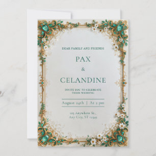 Invitation Cadre de mariage floral doré bijou émeraude