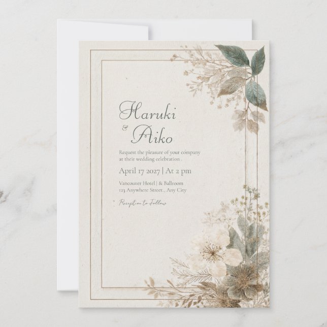 Invitation Cadre de mariage floral neutre bleu poussiéreux at (Devant)