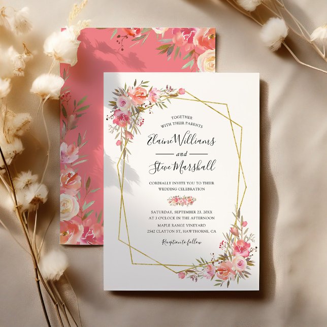Invitation Cadre de mariage floral rose doré joli blush (Créateur téléchargé)