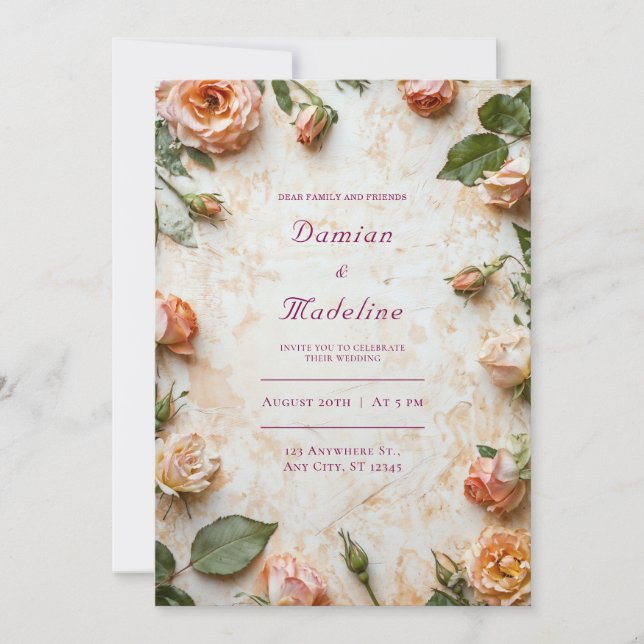 Invitation Cadre de mariage floral rose pêche teinté rustique (Devant)