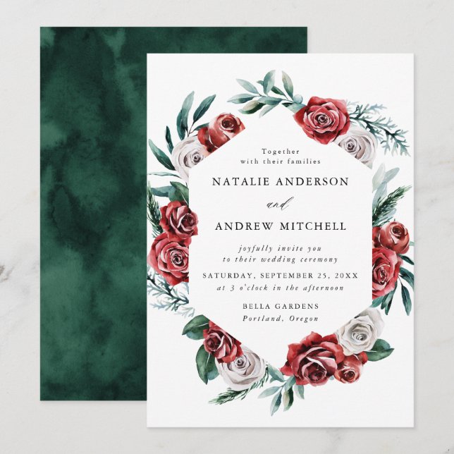 Invitation Cadre de mariage floral Roses rouges et blanches à (Devant / Derrière)