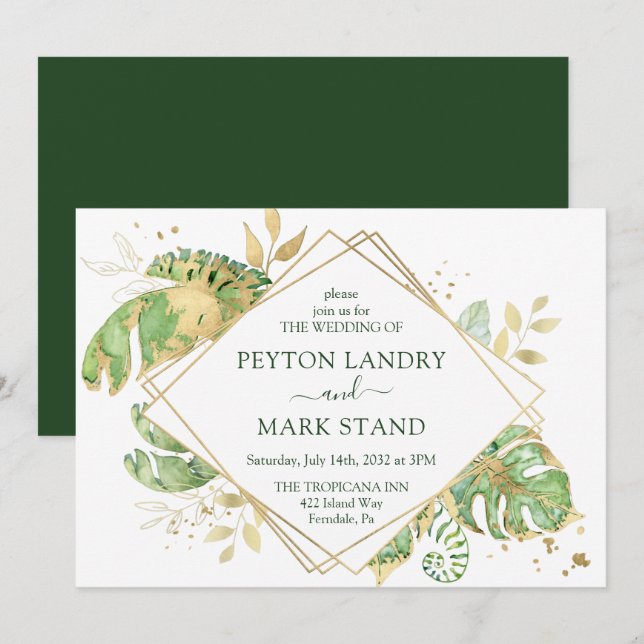 Invitation Cadre de mariage géométrique à feuillage tropical  (Devant / Derrière)