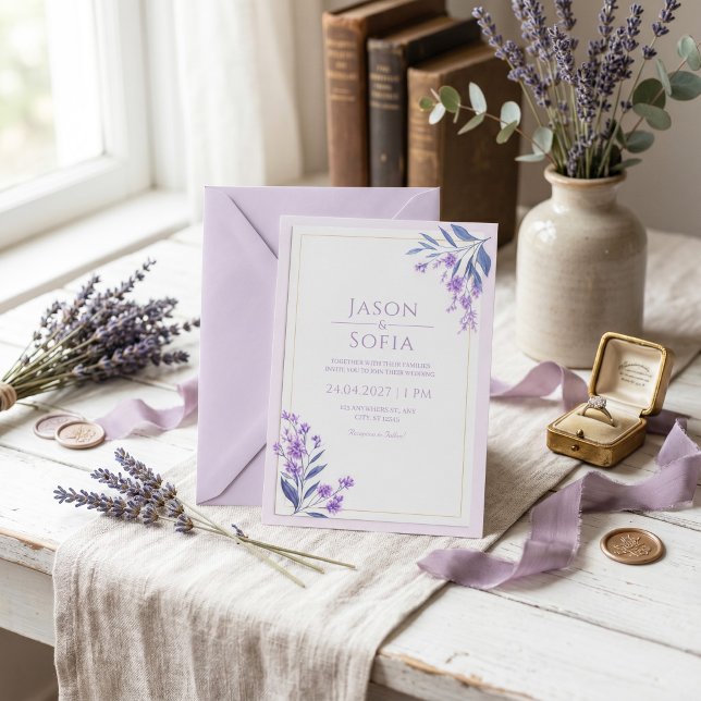 Invitation Cadre de mariage lavande or aquarelle feuille d'in (Créateur téléchargé)