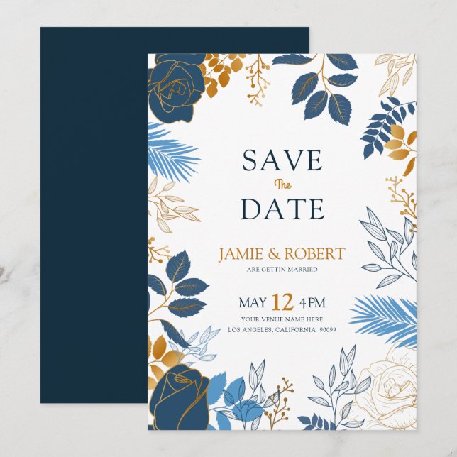 Invitation Cadre de mariage moderne fleurs or et bleu (Devant / Derrière)
