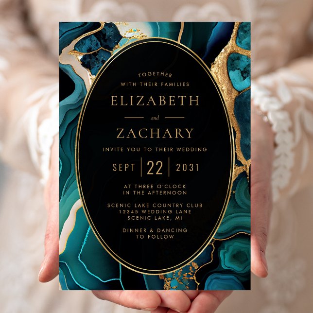 Invitation Cadre de mariage ovale en agate sarcelle de luxe e (Créateur téléchargé)