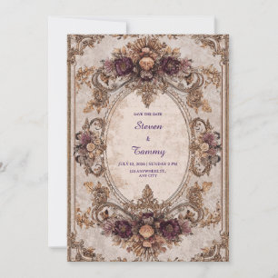 Invitation Cadre de mariage ovale floral prune doré baroque