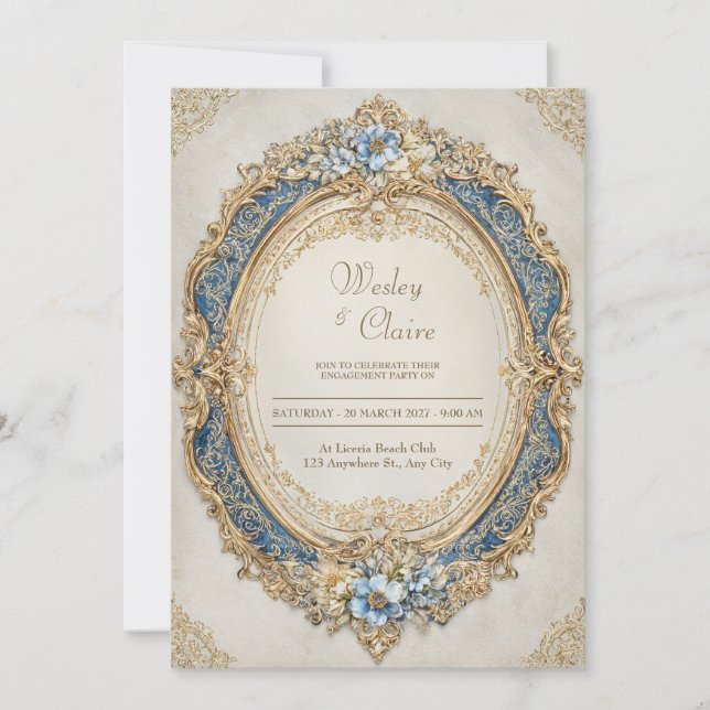 Invitation Cadre de mariage ovale orné baroque or bleu royal (Devant)
