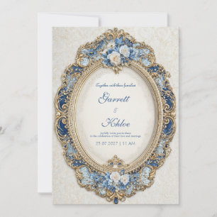 Invitation Cadre de mariage ovale rococo bleu marine or luxue