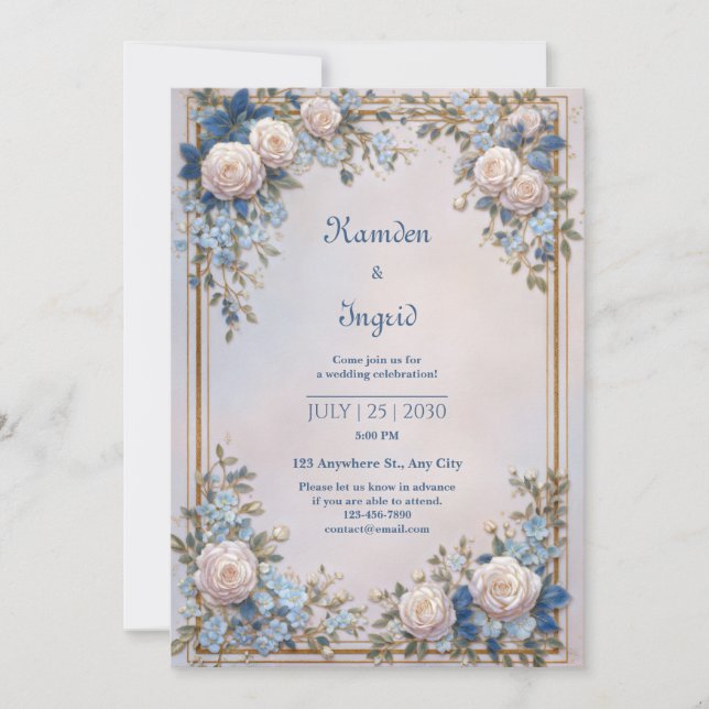 Invitation Cadre de mariage Rose Crème Ornée Feuille d'Azur (Devant)