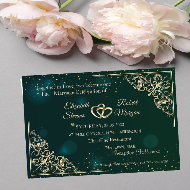 Invitation Cadre de mariage vert cœurs or élégant  (Créateur téléchargé)