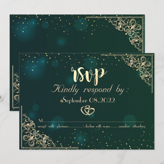 Invitation Cadre de mariage vert Elegant Gold Hearts RSVP  (Devant / Derrière)