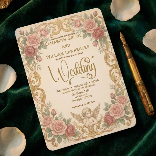 Invitation Cadre de mariage victorien avec chérubin et motif  (Créateur téléchargé)