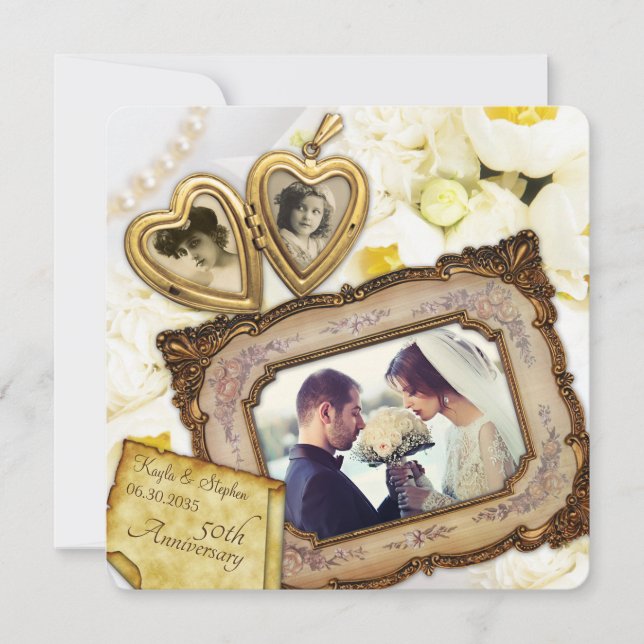 Invitation Cadre de médaillon à coeur en or pour 50e annivers (Devant)